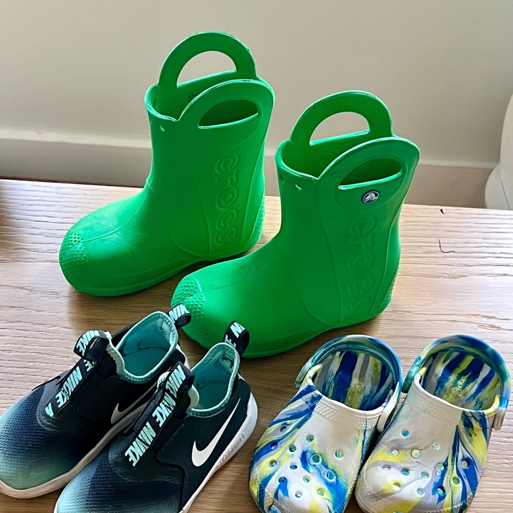 Toddler Boys Shoes– Size 9 Crocs, Size 9 Nike Sneakers,Size 10 Crocs Rain Boots